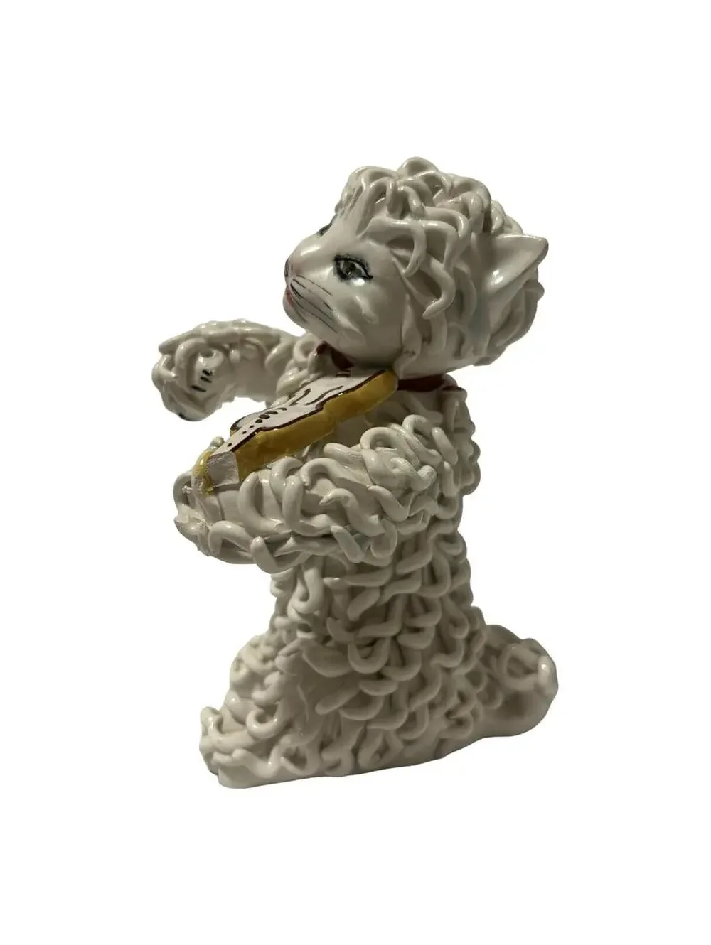 Vintage Italian Spaghetti Cat Figurine Violin Guitar White Ceramic Made In Italy